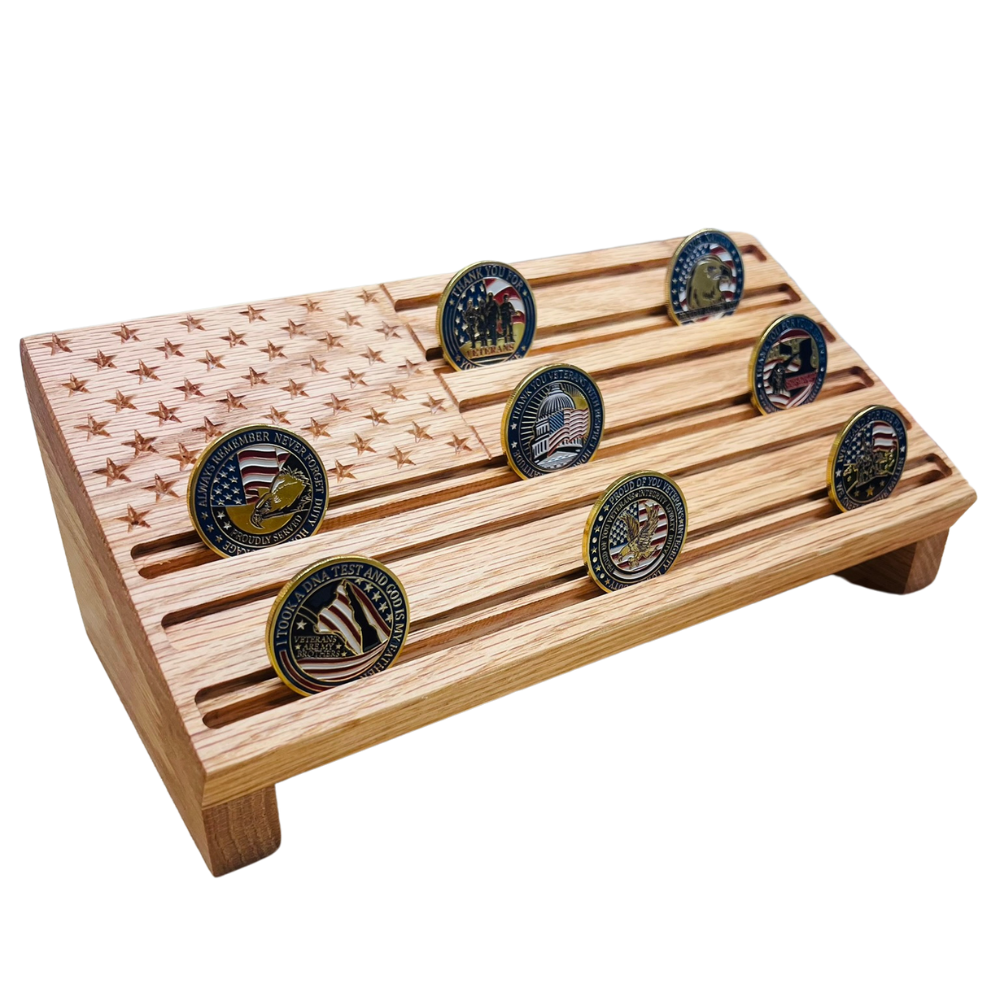 Honor Their Service: American Flag Challenge Coin Display!